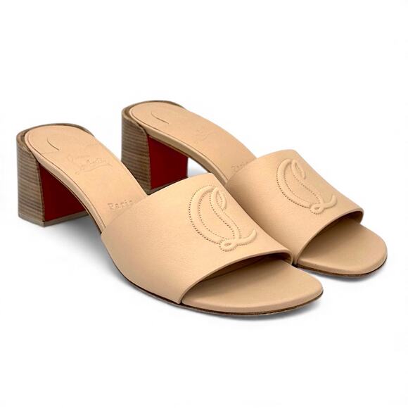 Christian Louboutin So CL Mules 55 Leather Heel Sandal Beige  Size 37 - Picture 1 of 12